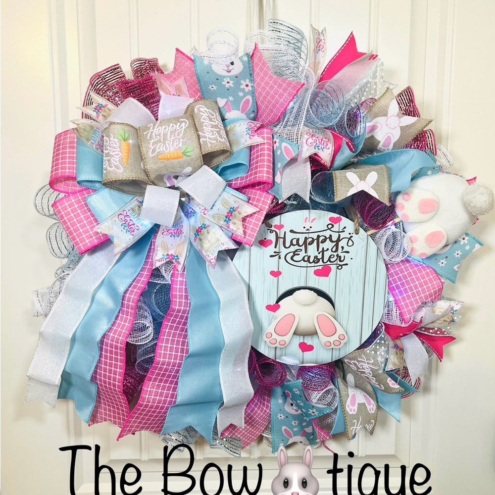 Handmade Spring Happy Easter Bunny Bum Prelit Ribbon Wreath 22 in LED W23